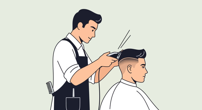 Barber cutting hair with electric clipper on client.