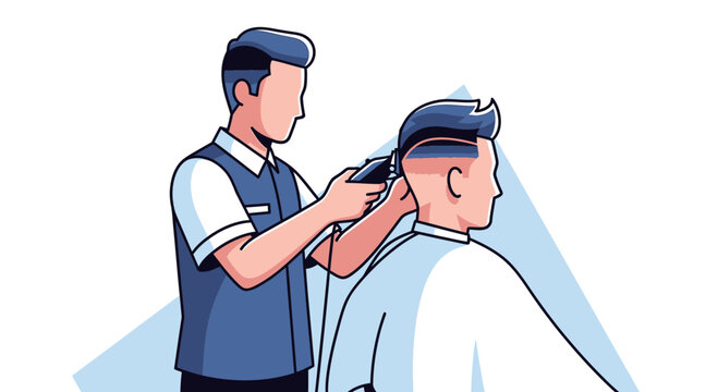 Barber cutting hair with electric clipper in modern salon.