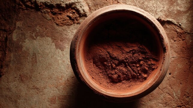 Earthy clay powder mixed with water in a rustic pottery bowl, showcasing natural textures and raw ingredients for art or craft.