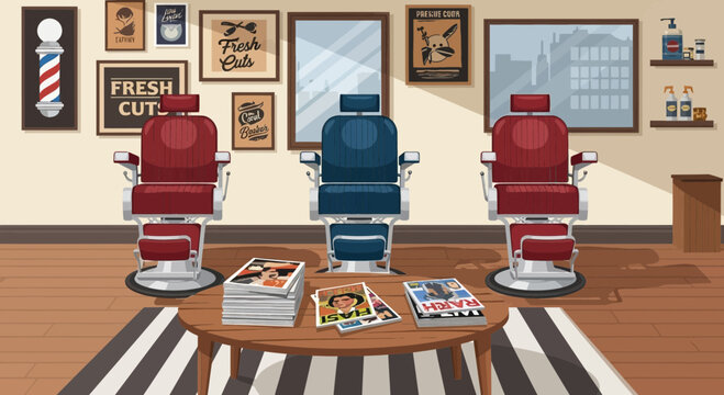 Three Barber Chairs in a Vintage Salon Setting.