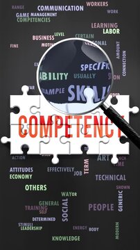 Competency under magnifying glass, being researched, studied and examined. Most important subjects and ideas related to competency written around a puzzle to symbolize complexity of competency.