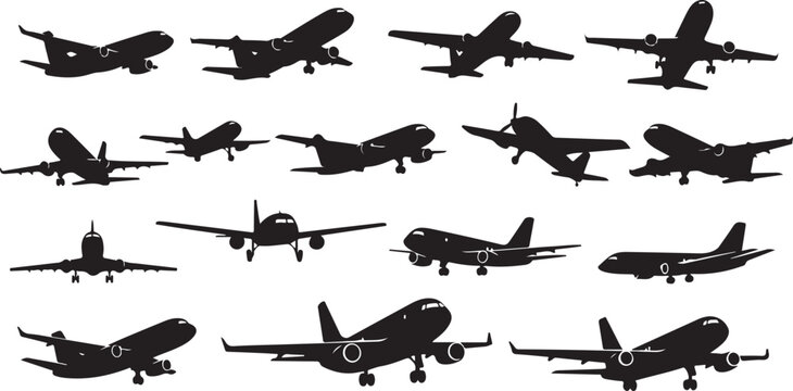 Collection of airplane silhouettes in various flight positions