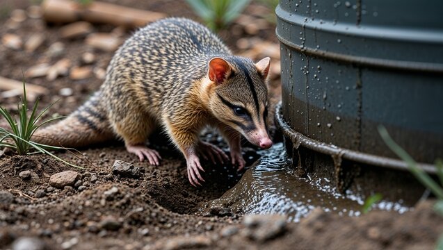 Long-nosed bandicoot digging near rainwater barrel base
