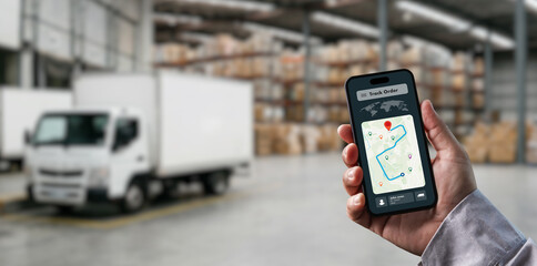Obraz na płótnie Canvas Logistics tracking dashboard on smartphone showing delivery route in warehouse, supporting logistics management, shipment tracking, fleet monitoring, route optimization, real time data for business op