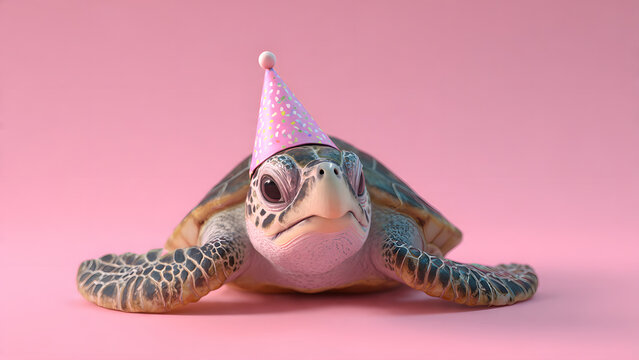 Cute 3D green turtle facing camera wearing pink party hat on pastel pink background, cartoon-style, whimsical animal illustration