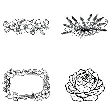 Collection of decorative floral elements and borders including a horizontal floral banner, a lavende
