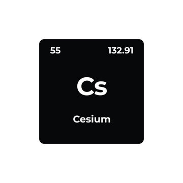 Cesium element tile with symbol Cs, atomic number 55, and atomic weight 132.91 on a black periodic table design, alkali metal chemistry concept.