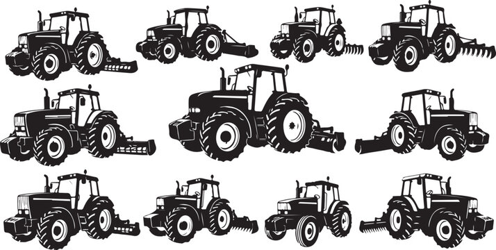 Tractors in various positions and attachments illustration set