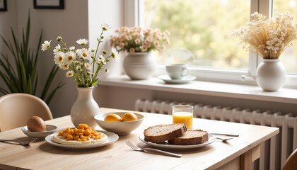 Fototapeta premium breakfast table setting with fresh fruit, eggs, bread, and flowers in a cozy dining area illuminated by natural light, concept morning routine