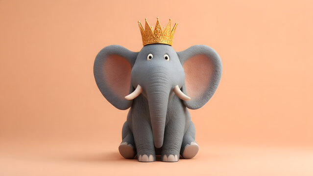 Playful 3D cartoon of a gray elephant wearing a gold crown, facing the camera on a flat peach background, whimsical character design, detailed textures and expressive eyes