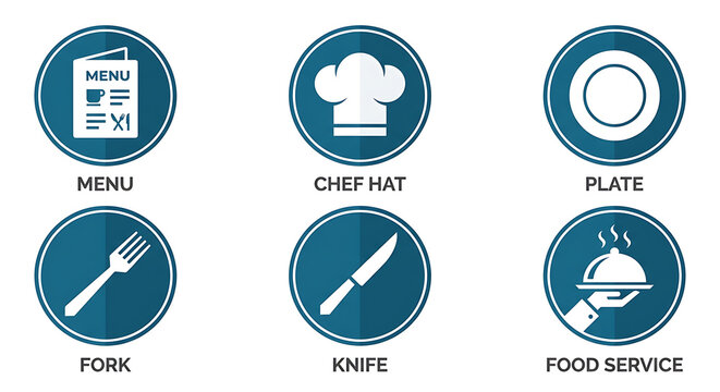 Modern flat vector icon collection for restaurants, food preparation, and culinary experiences, illustrating key dining elements, professional kitchen tools, and service