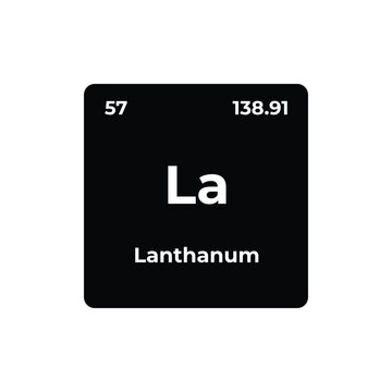 Lanthanum element tile with symbol La, atomic number 57, and atomic weight 138.91 on a black periodic table design, rare earth metal chemistry concept.