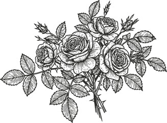 Fototapeta premium Detailed black and white illustration of a rose bouquet with leaves and thorns, floral vintage sketch