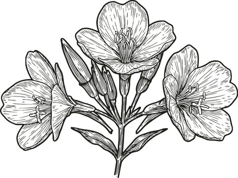 Detailed botanical illustration of evening primrose flowers with buds and leaves on stem