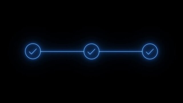 neon 3 step infographic process with check mark icon. infographic step by step process icon animation on black background, step process success with check marks.4k background animation