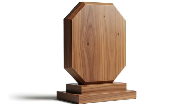 Classic Wooden Award Plaque with Octagonal Shape on Base Isolated Background, Recognition Trophy for Achievement, Corporate Award, Appreciation Gift, Excellence Honor, Business and Educational Ceremon