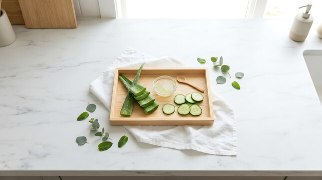 A wide top-down view of a pine wood tray with aloe and cucumber, surrounded by linen napkins, a small green plant, and plenty of empty space.A wide top-down view of a pine wood tray with aloe and cucu