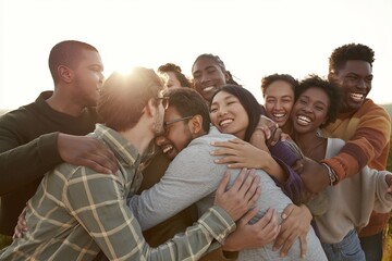 Obraz premium A diverse group of young adults hugging and celebrating outdoors at golden hour