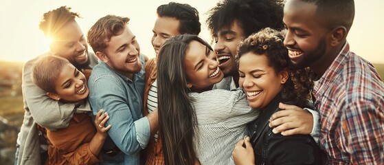 Fototapeta premium A diverse group of young adults hugging and celebrating outdoors at golden hour
