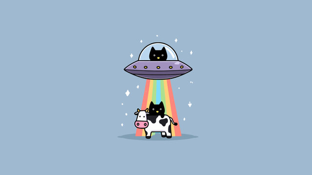 Whimsical cartoon illustration of a UFO abducting a cow with a cat pilot, set against a pastel blue background with a rainbow