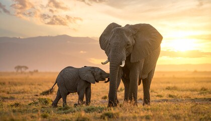 Fototapeta premium 親子の象が歩くサバンナの夕景