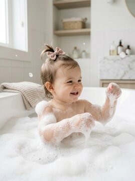 baby bath time with bubbles in bright white tub during cheerful home hygiene routine