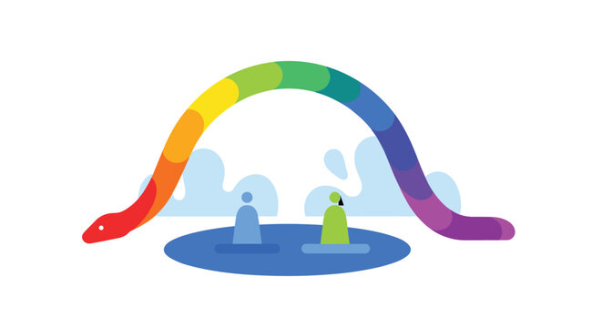 A stylized Australian Rainbow Serpent arches in vibrant rainbow colors over two minimalist figures in a blue pool with light blue cloud shapes on a white background.