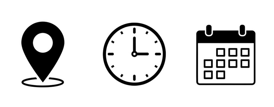 Minimalist icon set depicting a location pin, clock, and calendar, presented in bold black outlines on a clean white background, symbolizing time management and scheduling concepts.