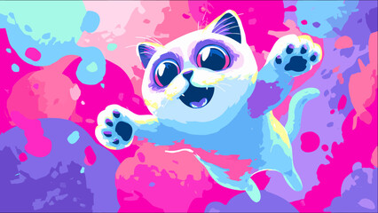 Fototapeta premium Vibrant Cartoon Cat Illustration with Colorful Splashes and Playful Expression