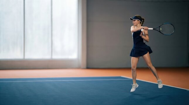 Female tennis player hitting backhand on indoor hardcourt