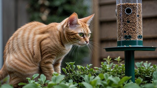 Manx cat crouching near hedge eyeing bird feeder