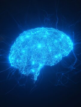Futuristic AI neural network brain visualization, glowing blue synaptic connections firing, dark background, slow camera dolly forward, loopable