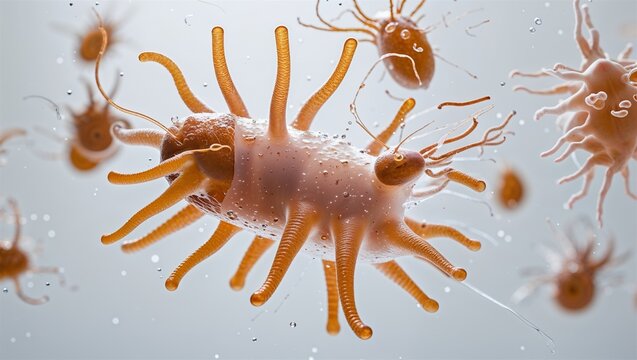 Microscopic amoeba engulfing prey with pseudopods spread wide, suspended on white