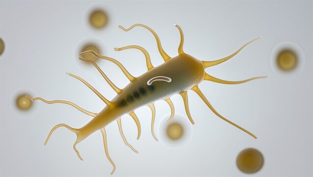 Microscopic flagellate protozoan with trailing flagellum and round body, floating on white