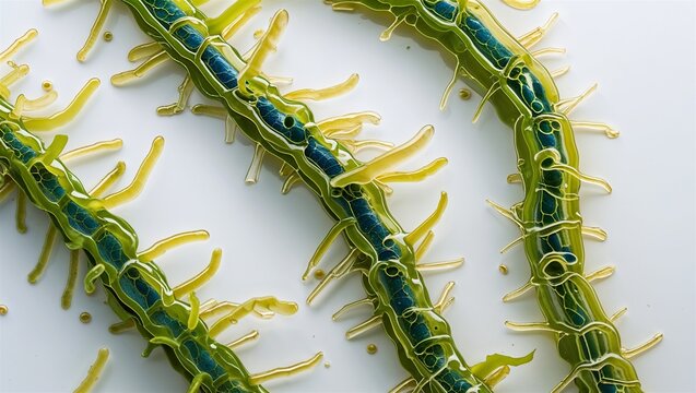 Microscopic filamentous algae chain viewed laterally with cell walls visible, on white