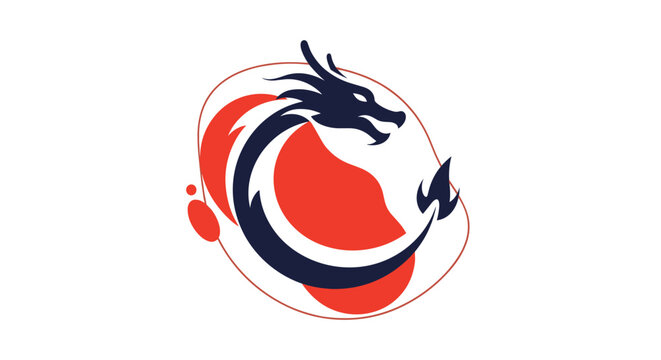 A stylized dark blue Chinese dragon forms a dynamic circular shape, set against abstract red and orange fluid elements on a white background.