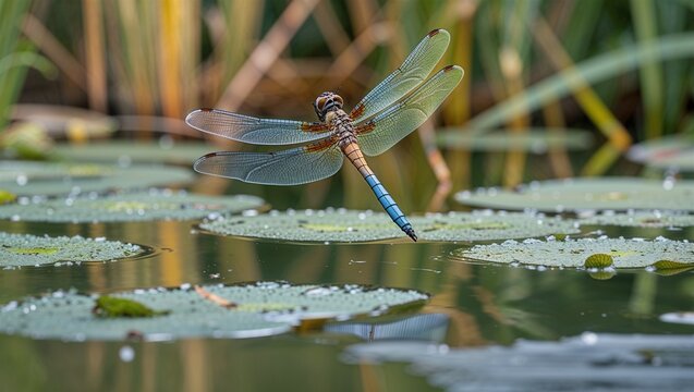 Migrant hawker dragonfly darting over pond surface