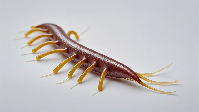Microscopic leech in stretched crawling form with sucker ends visible, isolated on white
