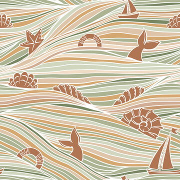 Summer Boho Sea Waves Line Art Seamless Pattern Vector Background in Beige Green, Hand Drawn Ocean, Boats and Seashells, Dolphin Tails Bohemian Marine Hairline Wallpaper