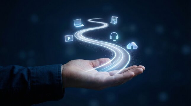 A hand holding a glowing digital pathway with various technology icons floating above