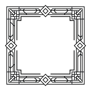 A black geometric frame with intricate patterns and shapes, Intricate black geometric frame with Art Deco style, featuring symmetrical patterns and shapes. Ideal for decorative designs, backgrounds