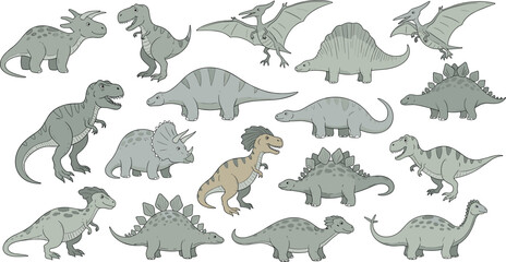 Cartoon Dinosaur Collection Featuring T-Rex, Triceratops, Pterodactyl, Stegosaurus, and Other Prehistoric Creatures for Kids' Art and Nature Designs © MDTaharul