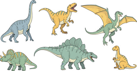 Cartoon Dinosaur Collection Featuring Brachiosaurus, T-Rex, Stegosaurus, Pterodactyl, and Prehistoric Creatures for Kids' Art and Nature Designs © MDTaharul