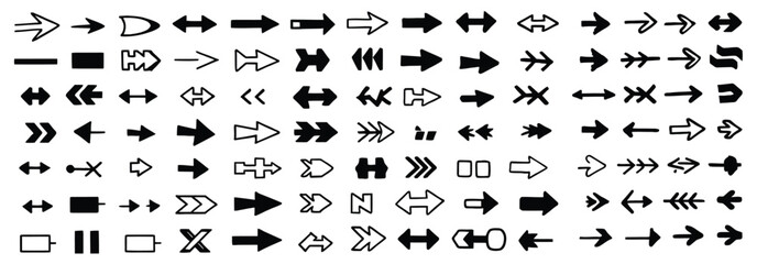 Fototapeta premium Extensive set of 80 black and white arrow icons and symbols for various design applications.