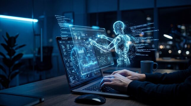 human typing on keyboard with holographic AI agent analyzing data beside screen ,cybersecurity, and digital innovation in modern technology workspace.