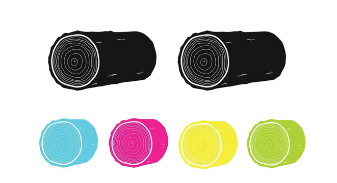 Stylized illustration of two dark logs above colorful cross sections