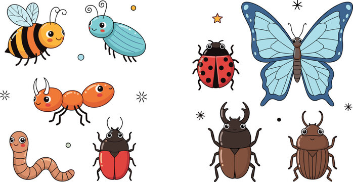 Cartoon vector illustration of colorful insects and bugs with decorative playful garden elements