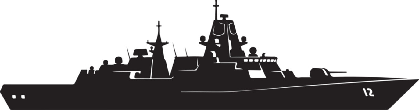 Military warship, naval vessel, black silhouette, vector illustration, destroyer, battleship