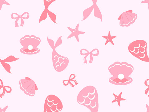 Pink mermaid shell starfish and ribbon seamless pattern cute pastel ocean background design.