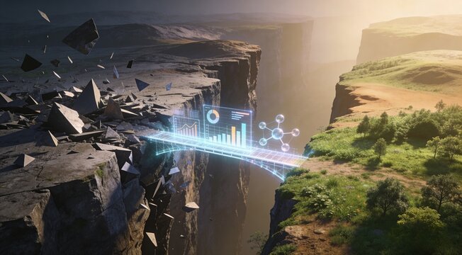 Broken Landscape Connected by Digital Data Bridge Between Two Cliffs